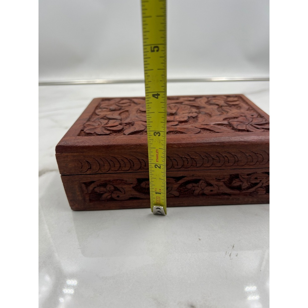 Vintage Hand Carved Floral Wooden Jewelry Box Trinket Keepsake Boho Dark Wood - Picture 10 of 11